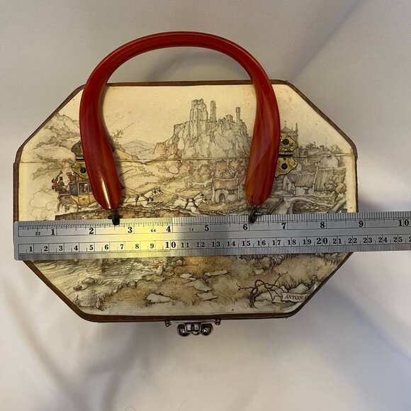Vintage 70's Anton Pieck Castle Scene Wooden Handbag — Octagonal, Lucite Handle - Picture 11 of 12